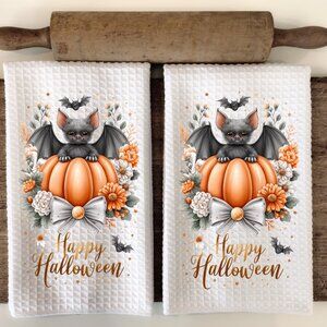 Happy Halloween Towel Set, Halloween Bat Kitchen Towels, Halloween Kitchen towel
